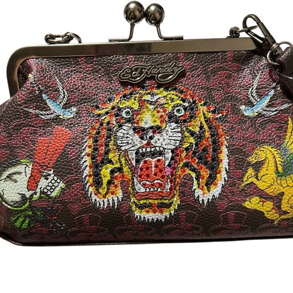 Ed Hardy Handbags - New Retro Y2K Ed Hardy Logo Bling Tiger Kiss lock Clutch removable chain strap